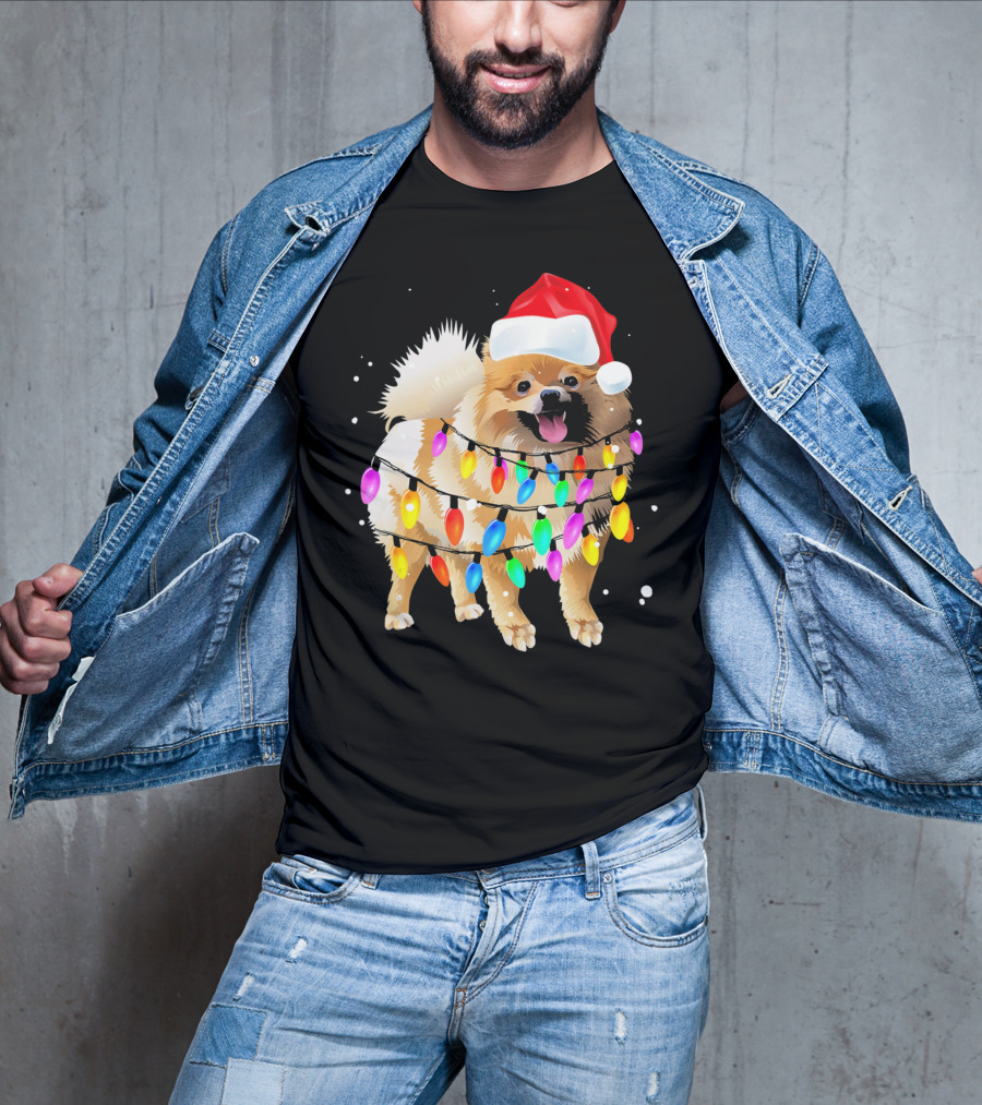 Pomeranian With Santa Hat And Colorful Christmas Lights T-Shirt