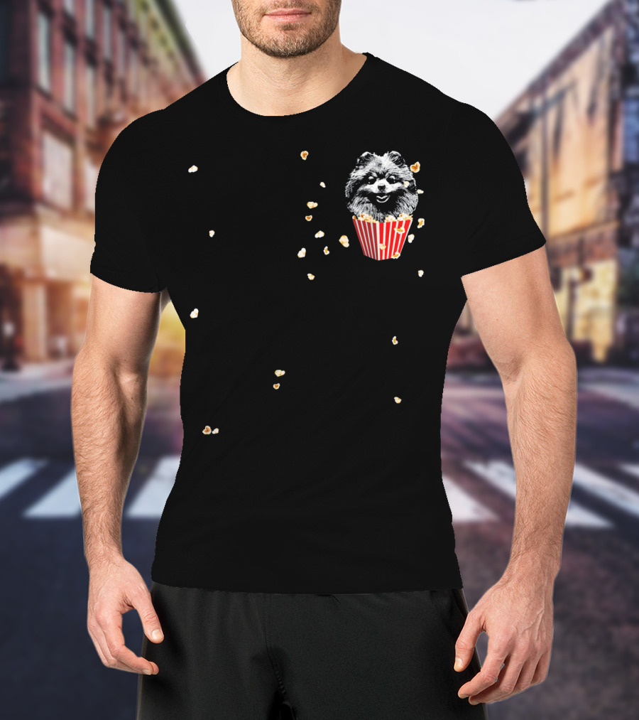Smiling Pomeranian In Popcorn Box With Popping Kernels T-Shirt
