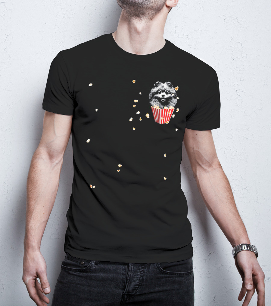 Smiling Pomeranian In Popcorn Box With Popping Kernels T-Shirt