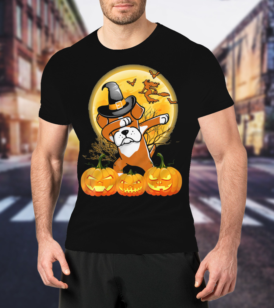 Halloween Dabbing Boxer Dog Witch Hat Pumpkins Bats Moon T-Shirt