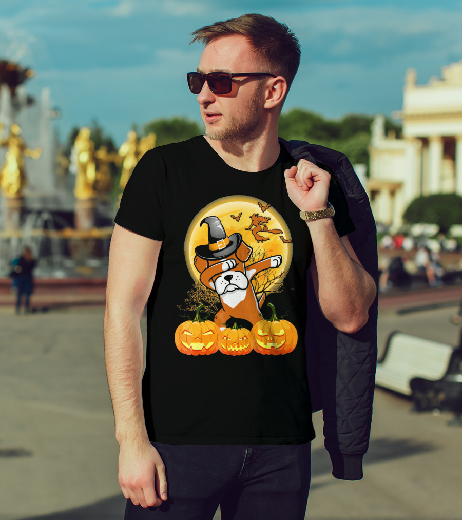 Halloween Dabbing Boxer Dog Witch Hat Pumpkins Bats Moon T-Shirt