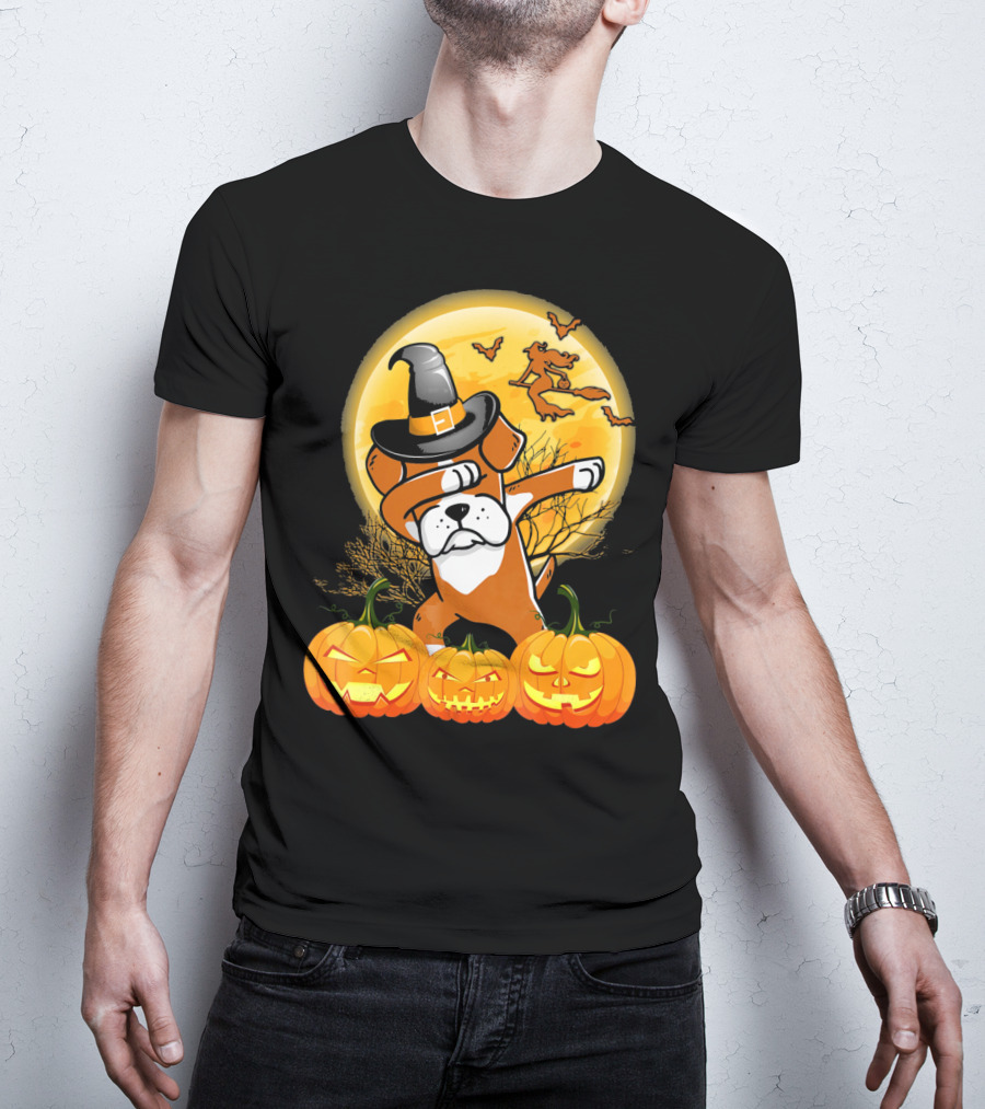 Halloween Dabbing Boxer Dog Witch Hat Pumpkins Bats Moon T-Shirt