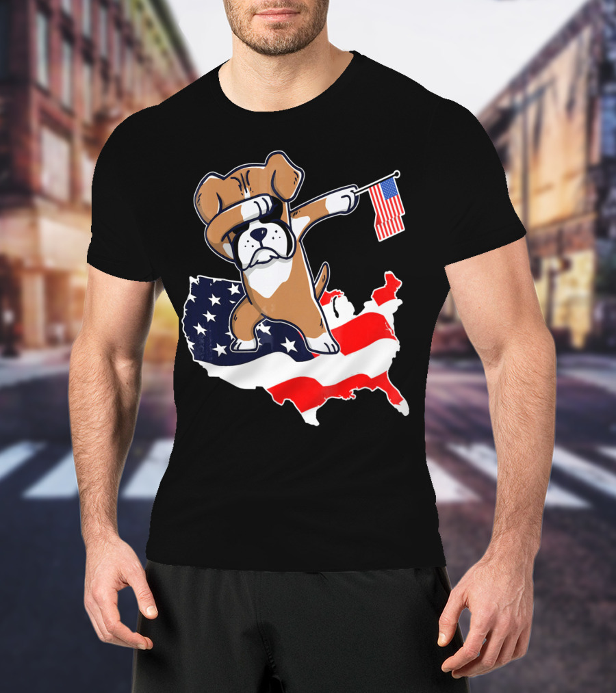 Dabbing Boxer Dog With American Flag Map Background T-Shirt