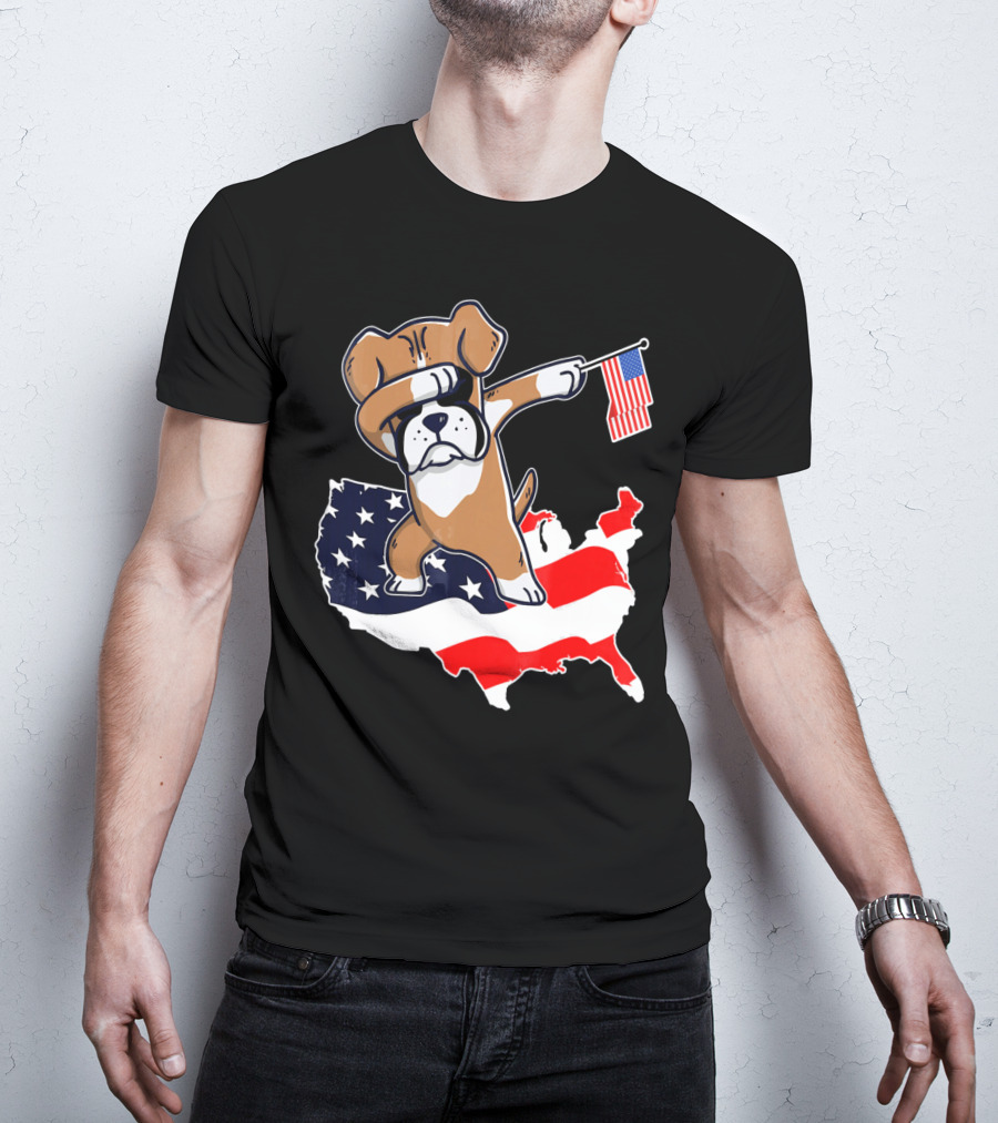 Dabbing Boxer Dog With American Flag Map Background T-Shirt