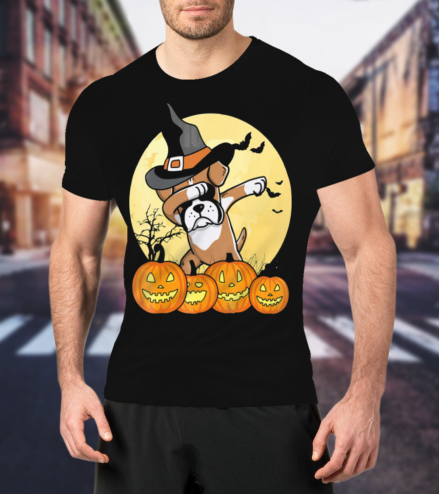 Dabbing Boxer Dog Witch Hat Pumpkin Halloween Dab Dance T-Shirt