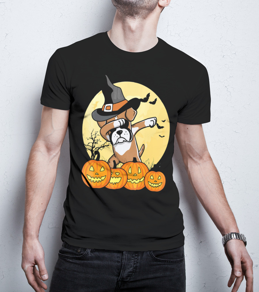 Dabbing Boxer Dog Witch Hat Pumpkin Halloween Dab Dance T-Shirt