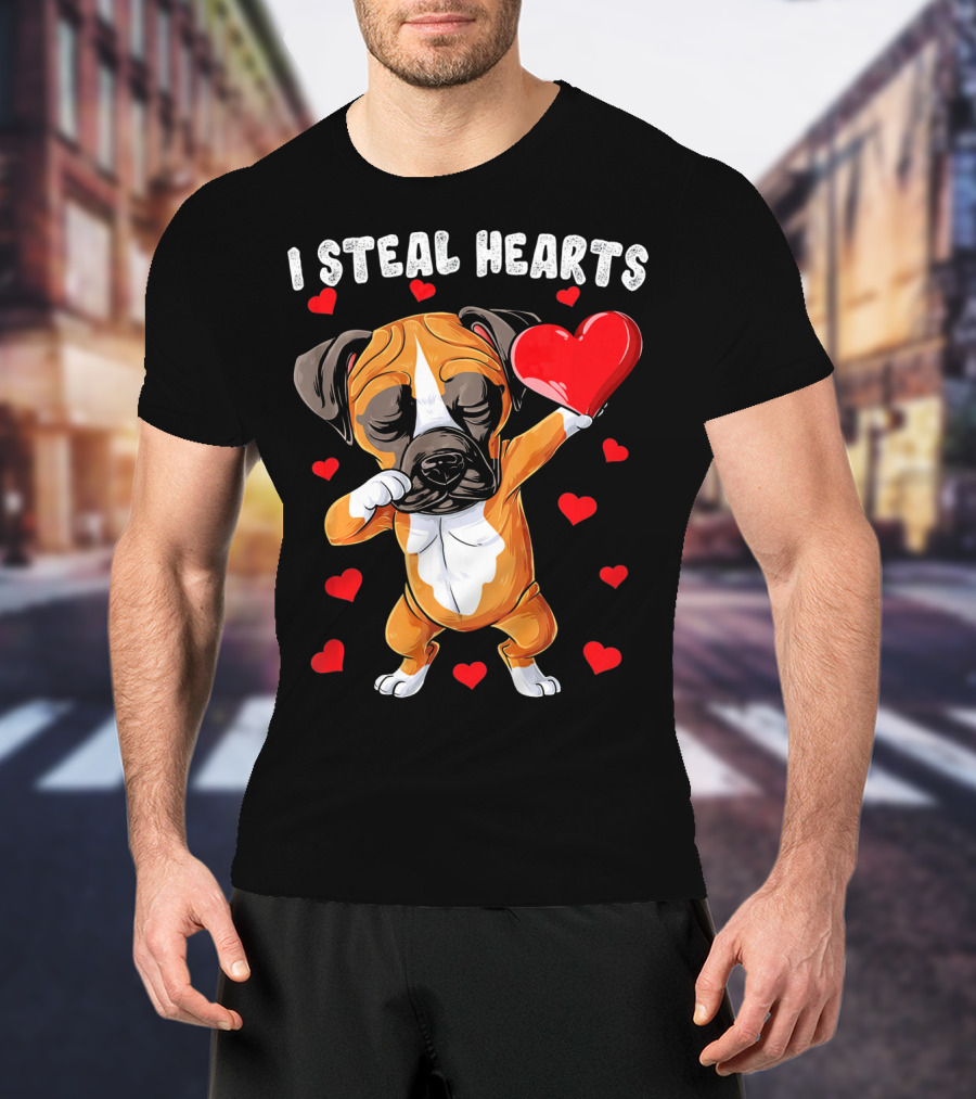 Dabbing Boxer Dog Holding Red Heart I Steal Hearts T-Shirt