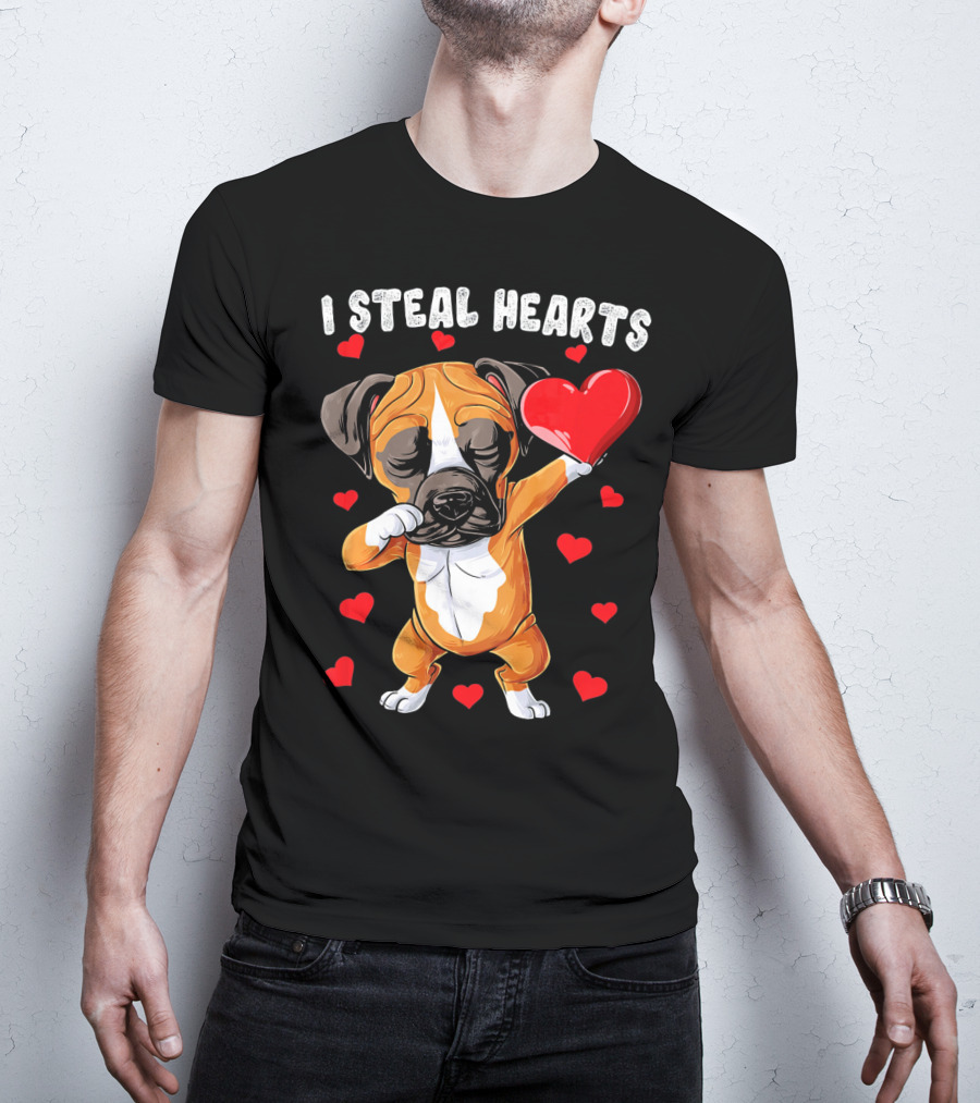 Dabbing Boxer Dog Holding Red Heart I Steal Hearts T-Shirt