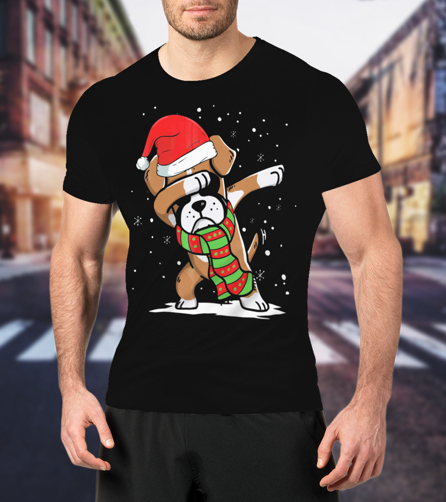 Festive Dabbing Boxer Dog In Santa Hat And Scarf For Christmas Dog Lovers T-Shirt