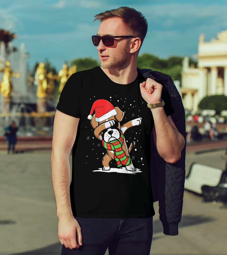 Festive Dabbing Boxer Dog In Santa Hat And Scarf For Christmas Dog Lovers T-Shirt