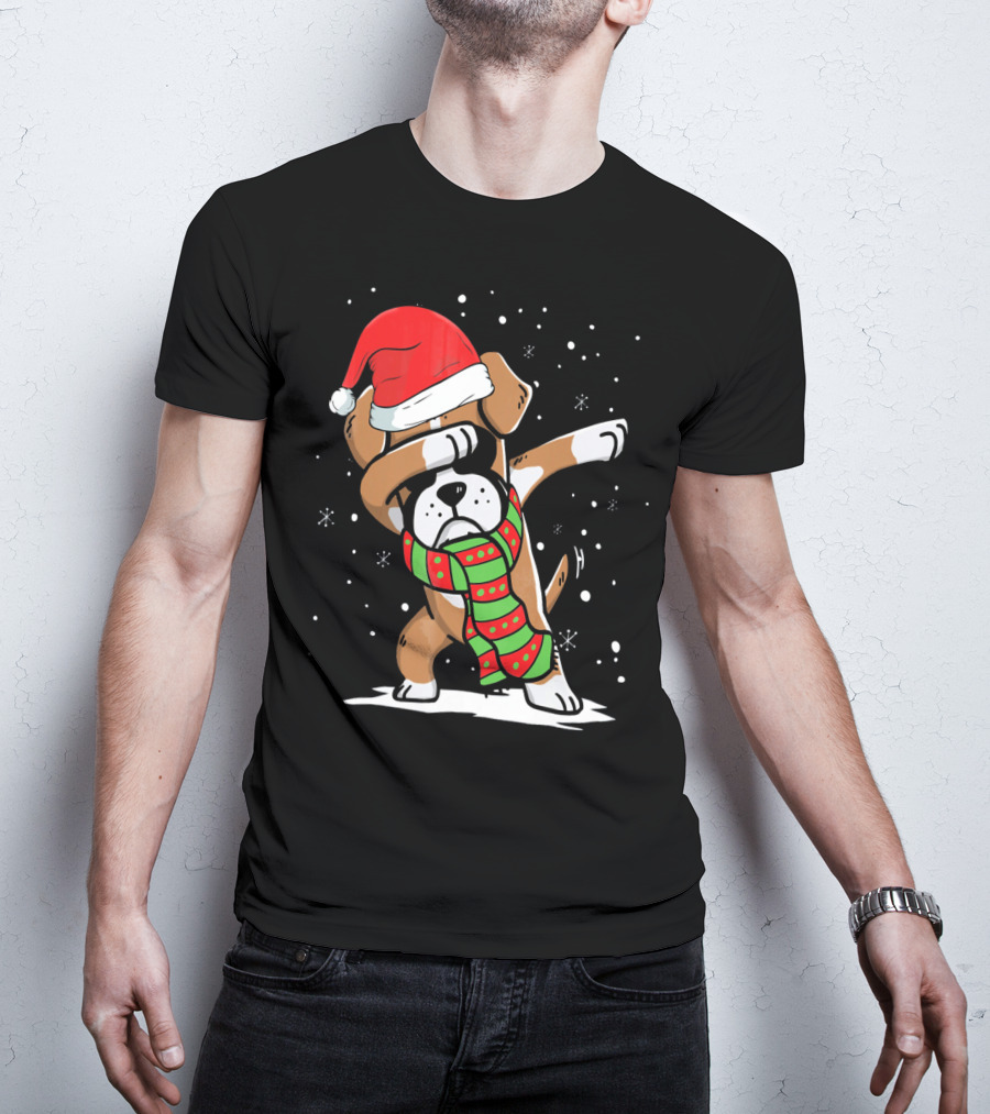 Festive Dabbing Boxer Dog In Santa Hat And Scarf For Christmas Dog Lovers T-Shirt