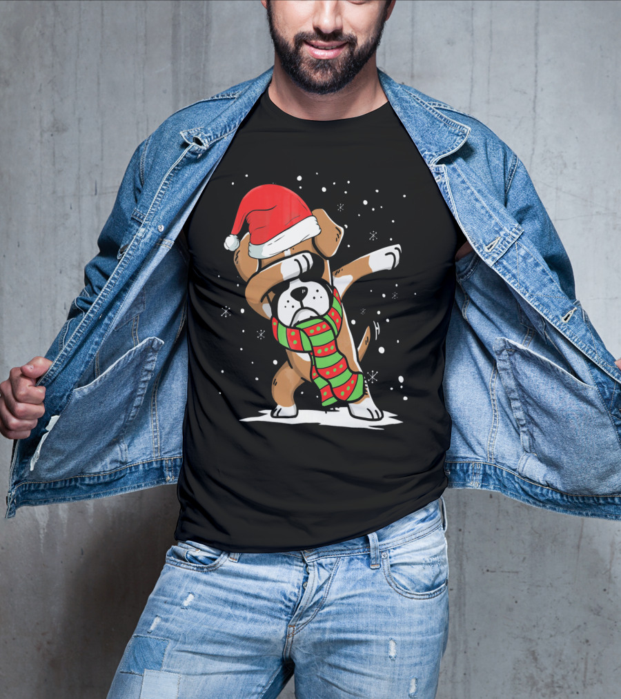 Festive Dabbing Boxer Dog In Santa Hat And Scarf For Christmas Dog Lovers T-Shirt