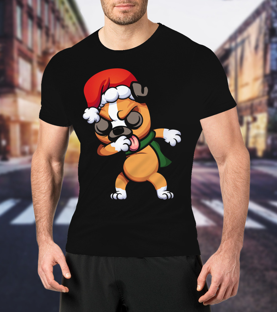 Dabbing Boxer Santa Dog Cartoon With Christmas Hat And Scarf T-Shirt