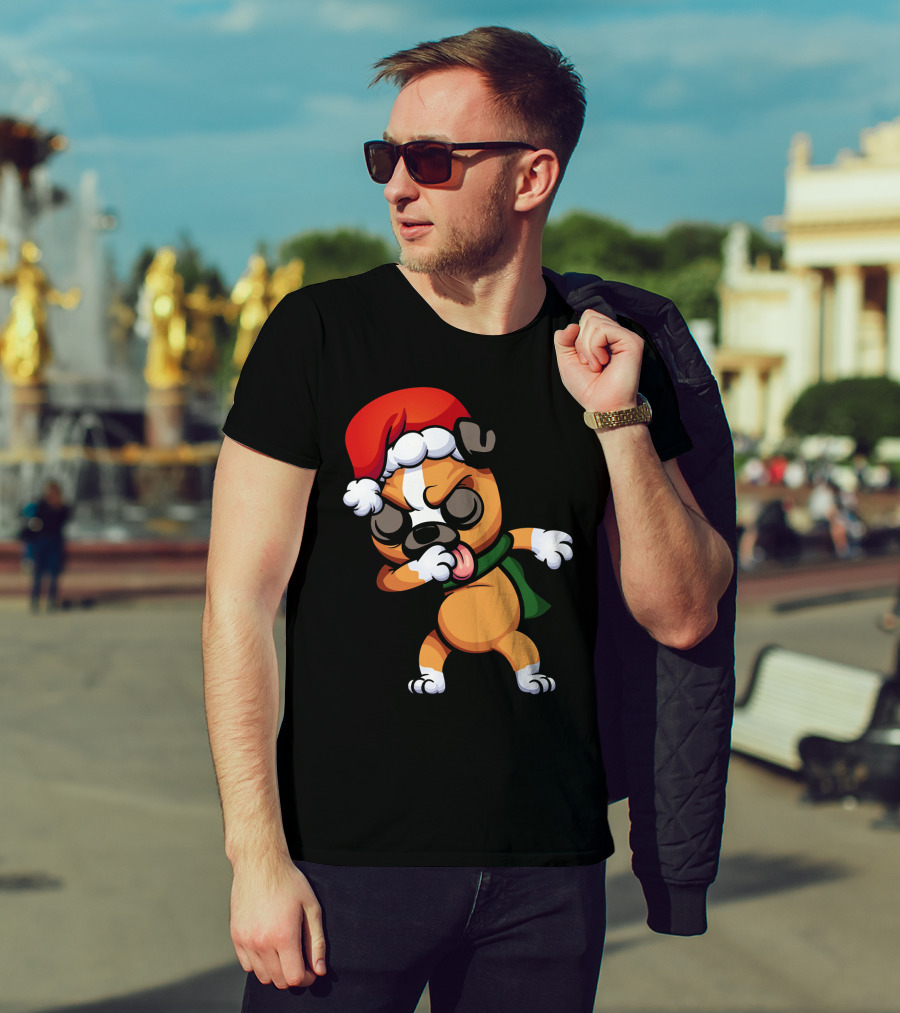 Dabbing Boxer Santa Dog Cartoon With Christmas Hat And Scarf T-Shirt