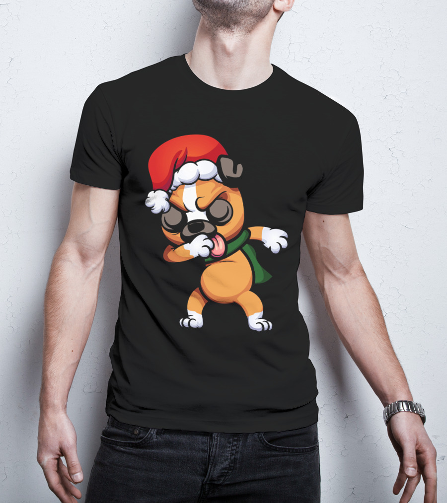 Dabbing Boxer Santa Dog Cartoon With Christmas Hat And Scarf T-Shirt