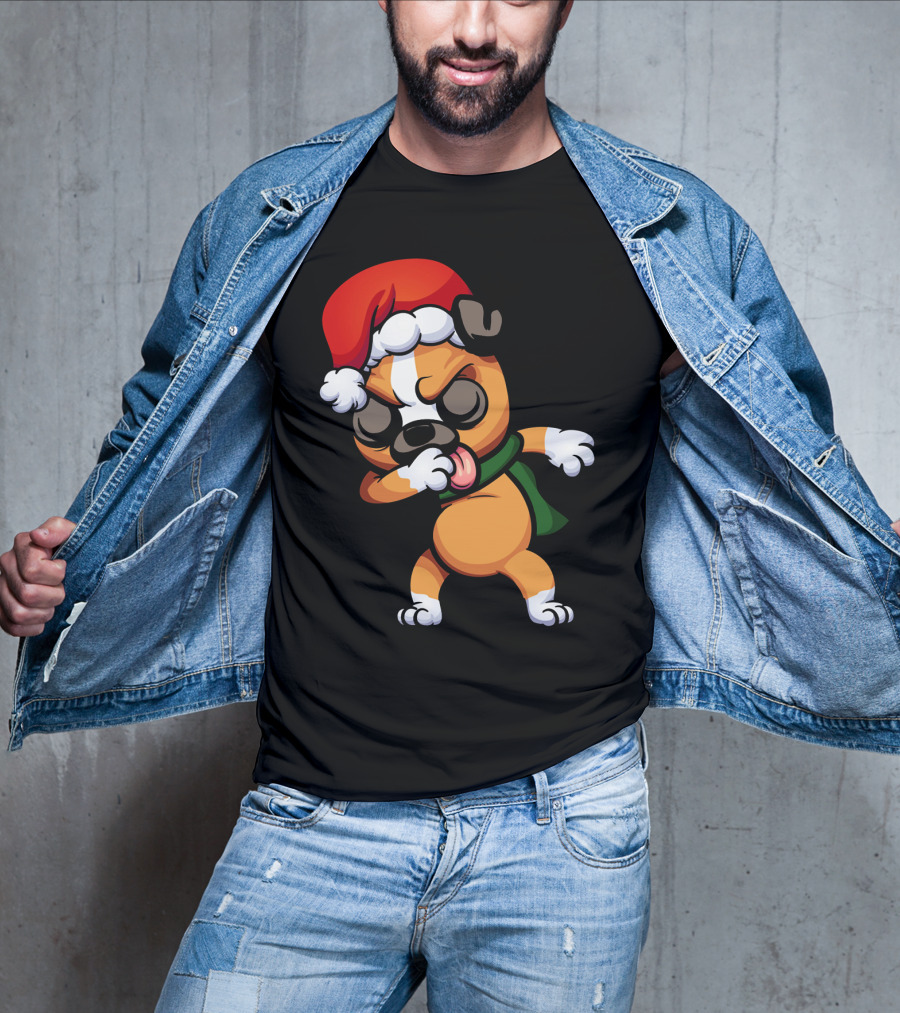 Dabbing Boxer Santa Dog Cartoon With Christmas Hat And Scarf T-Shirt