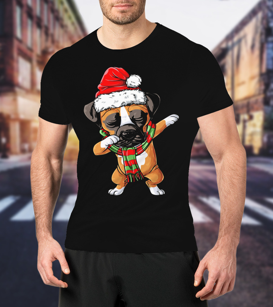 Boxer Dog Dabbing Santa Hat Christmas Scarf T-Shirt