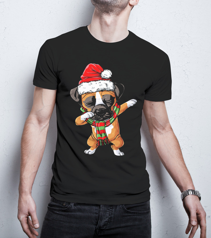 Boxer Dog Dabbing Santa Hat Christmas Scarf T-Shirt