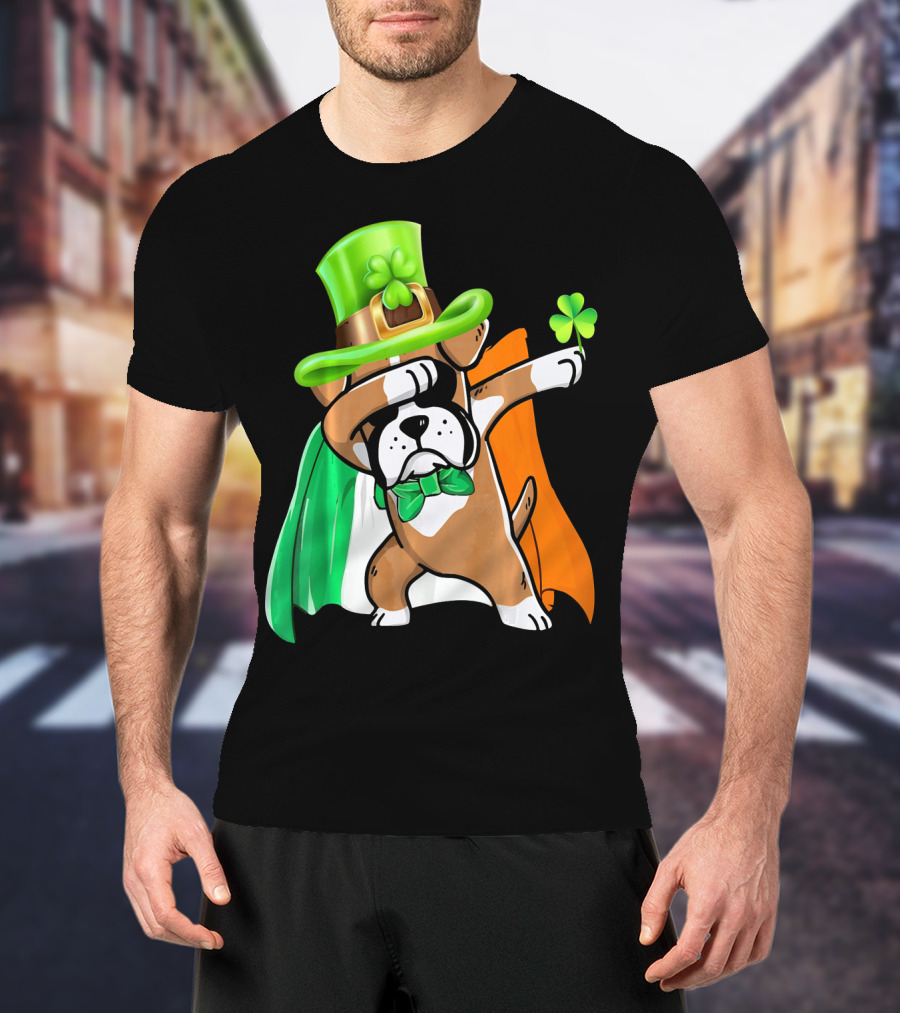 Lucky Boxer Dabbing With Irish Flag And Shamrock Hat T-Shirt