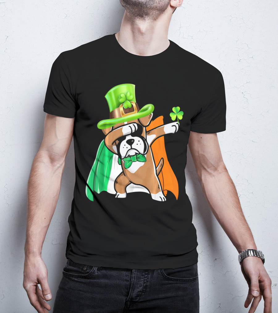 Lucky Boxer Dabbing With Irish Flag And Shamrock Hat T-Shirt
