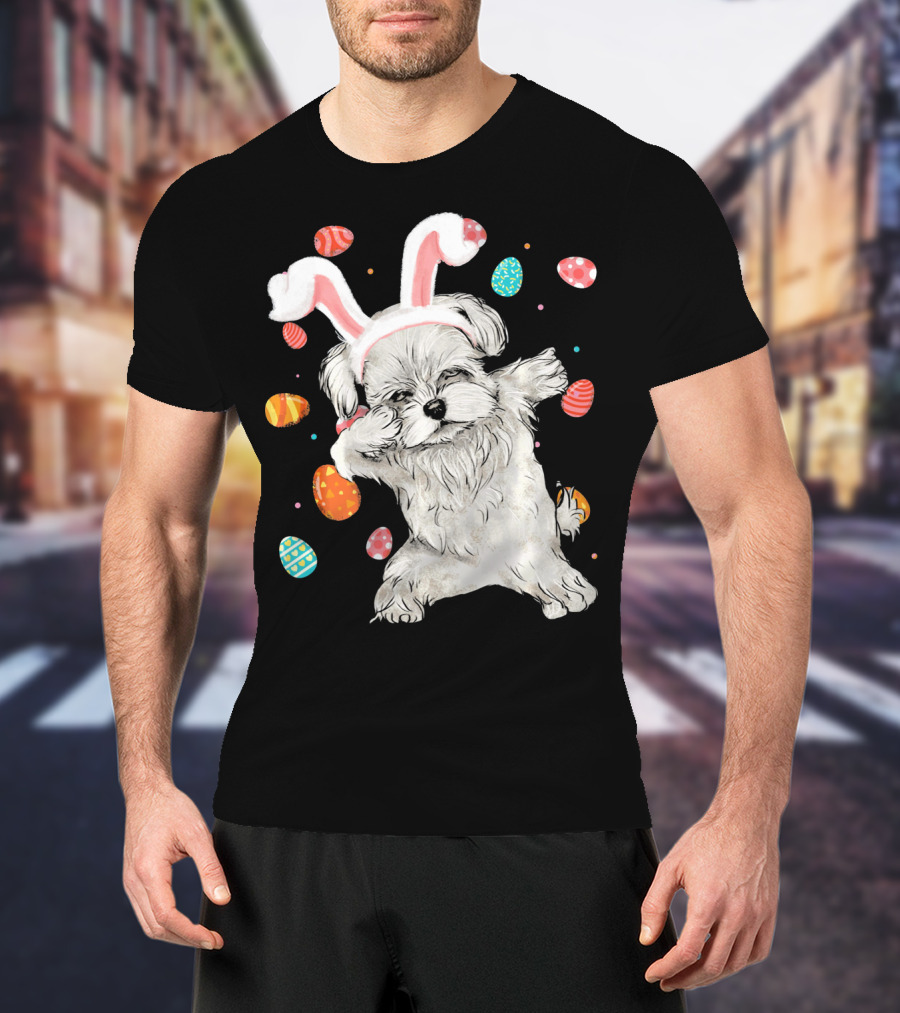 Dabbing Maltese Dog With Easter Bunny Ears And Colorful Eggs T-Shirt