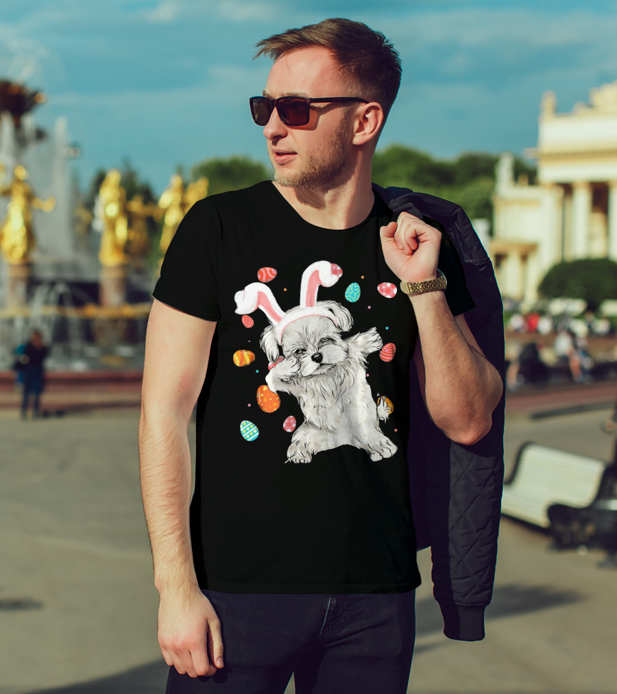 Dabbing Maltese Dog With Easter Bunny Ears And Colorful Eggs T-Shirt
