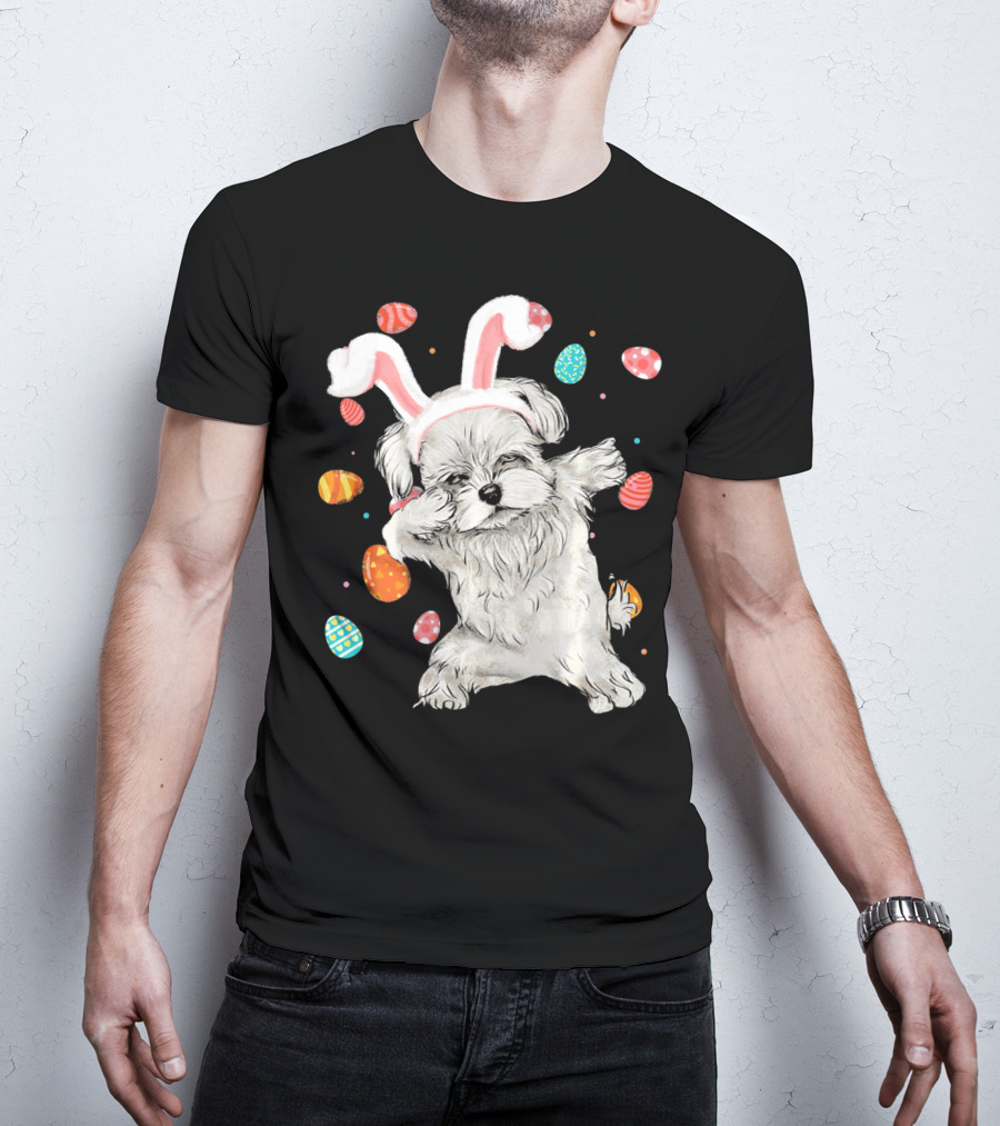Dabbing Maltese Dog With Easter Bunny Ears And Colorful Eggs T-Shirt