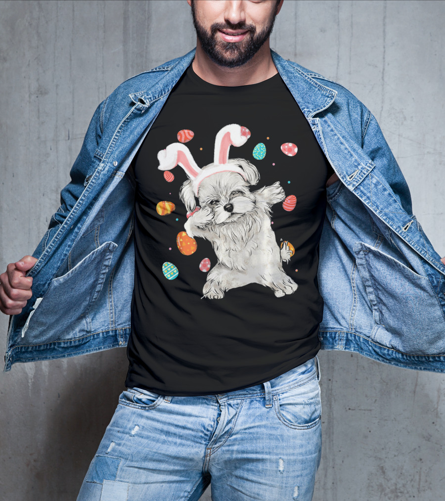 Dabbing Maltese Dog With Easter Bunny Ears And Colorful Eggs T-Shirt