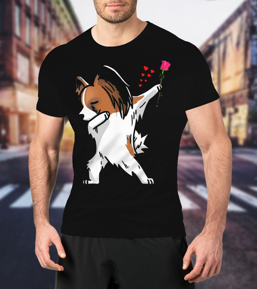 Dabbing Papillon Dog Holding Rose With Hearts For Valentines Day T-Shirt