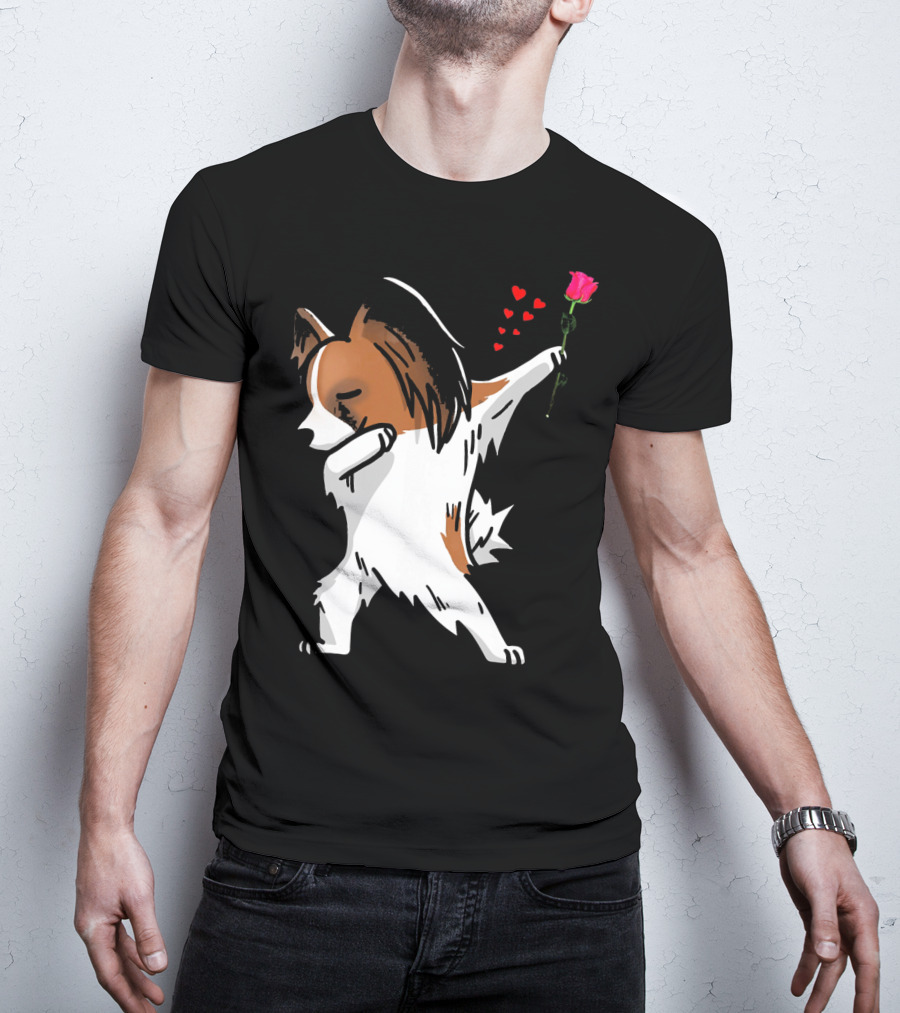 Dabbing Papillon Dog Holding Rose With Hearts For Valentines Day T-Shirt