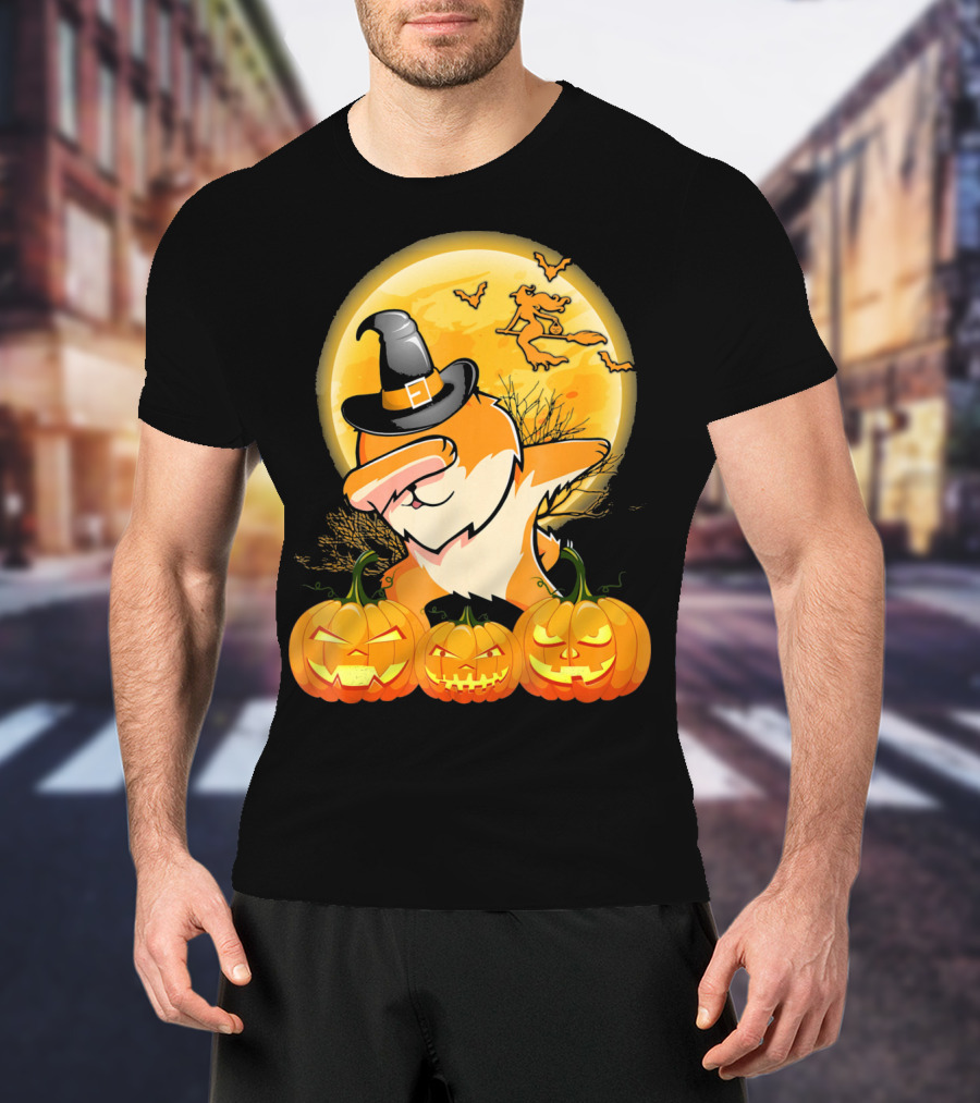 Dabbing Pomeranian Dog Halloween Pumpkin Witch Moon T-Shirt