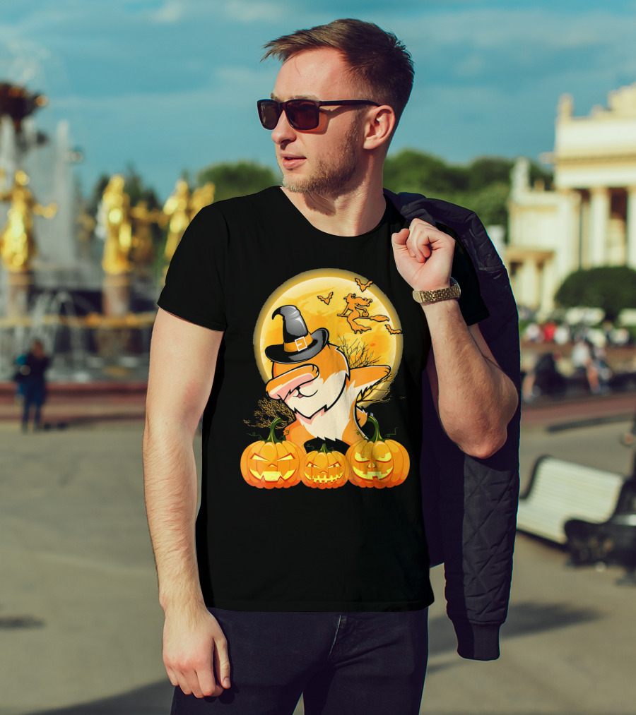 Dabbing Pomeranian Dog Halloween Pumpkin Witch Moon T-Shirt