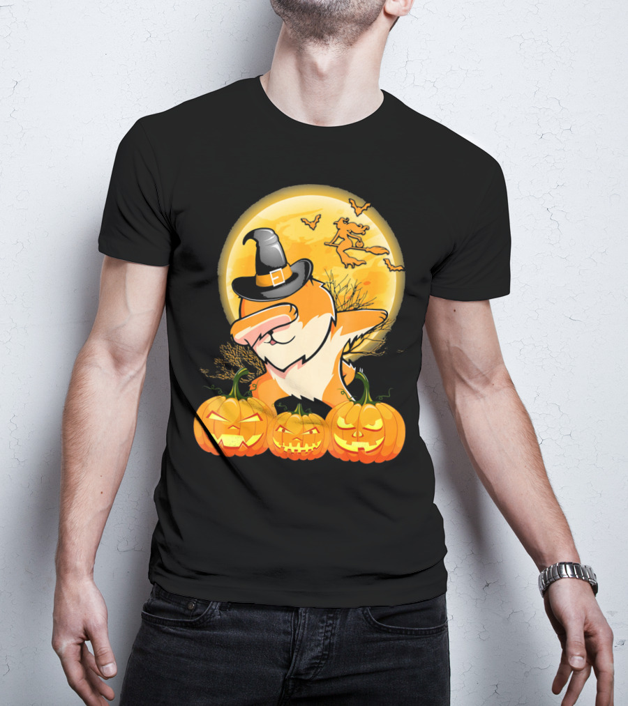 Dabbing Pomeranian Dog Halloween Pumpkin Witch Moon T-Shirt