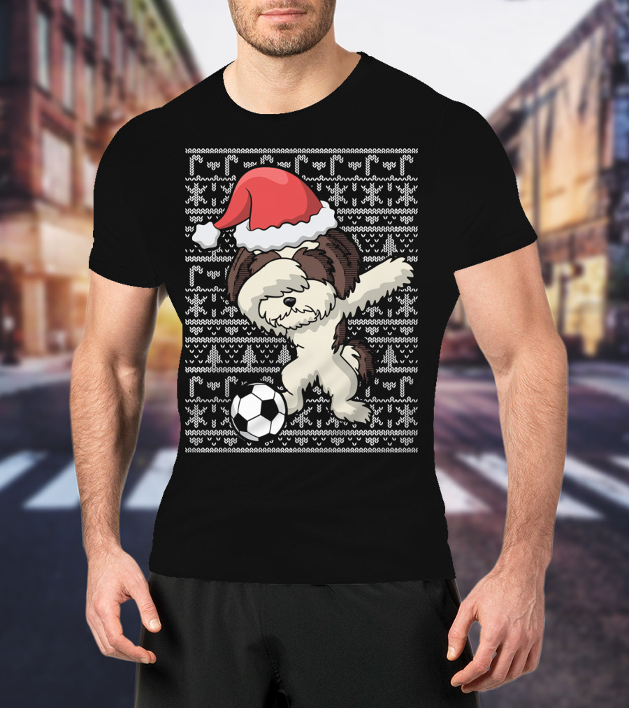Santa Hat Dabbing Shih Tzu Soccer Ball Holiday Knit T-Shirt