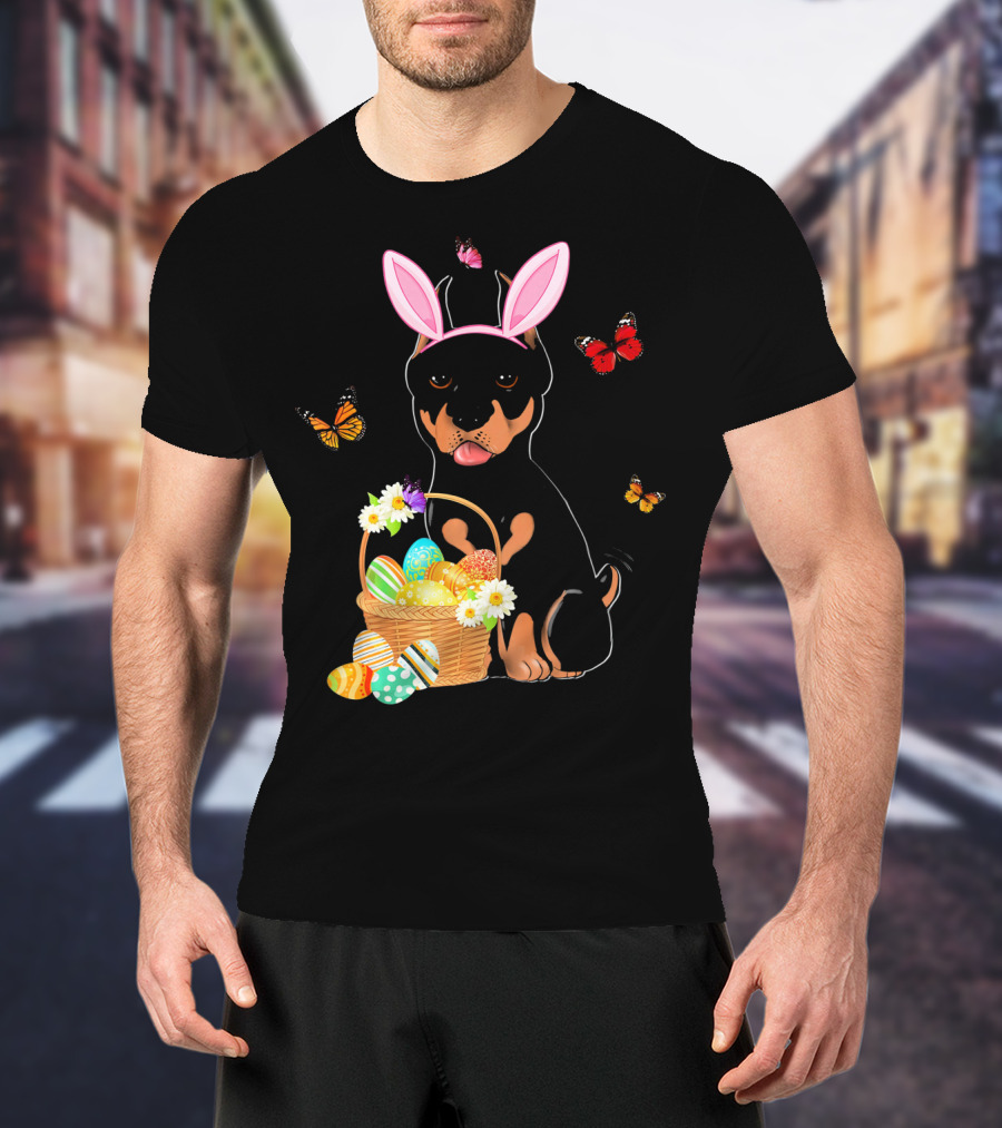 Doberman Bunny Hat Rabbit With Basket Of Easter Eggs And Butterflies T-Shirt