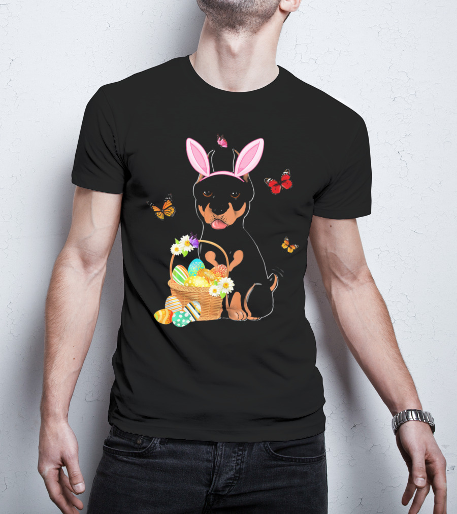 Doberman Bunny Hat Rabbit With Basket Of Easter Eggs And Butterflies T-Shirt