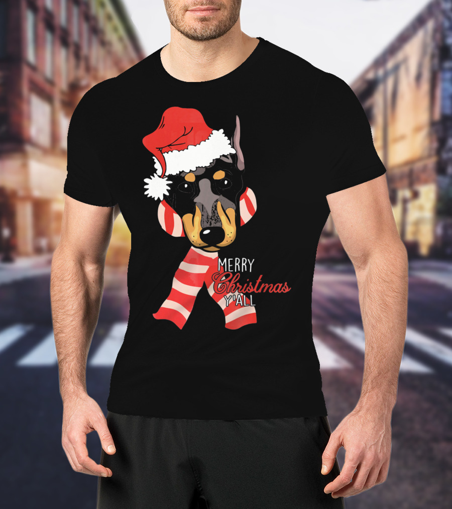 Merry Christmas Y'all Doberman Dog With Santa Hat And Candy Cane Stripes T-Shirt