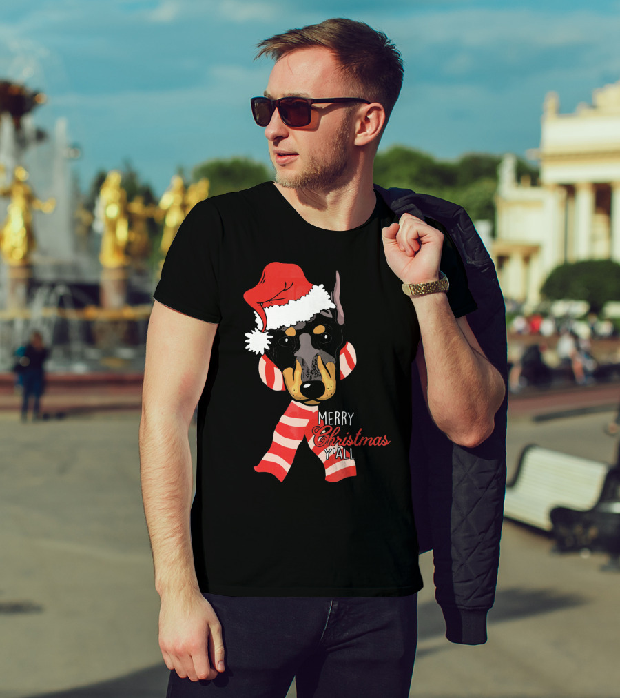 Merry Christmas Y'all Doberman Dog With Santa Hat And Candy Cane Stripes T-Shirt