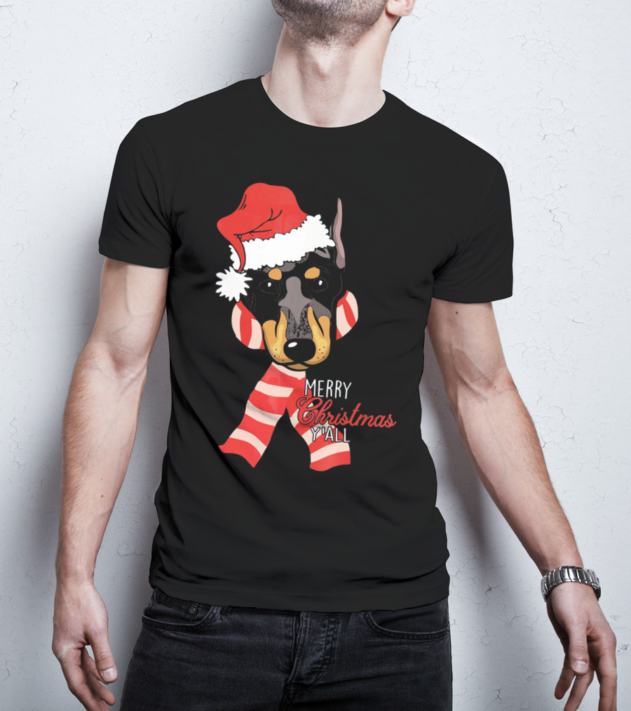 Merry Christmas Y'all Doberman Dog With Santa Hat And Candy Cane Stripes T-Shirt