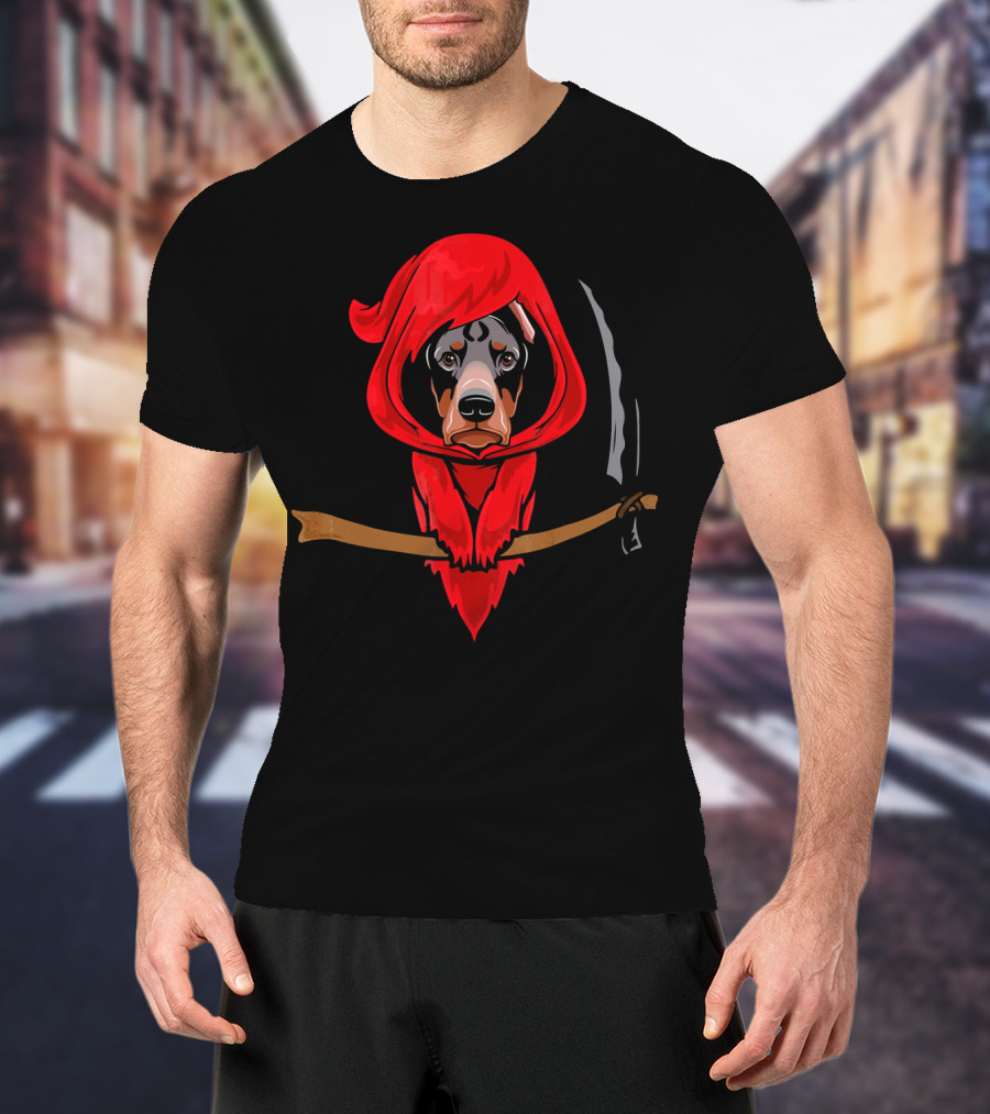 Doberman Grim Reaper Red Hood Scythe T-Shirt