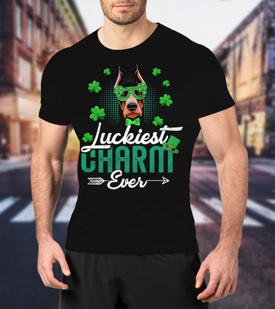 Luckiest Charm Ever Doberman Patrick's Day Shamrock Glasses T-Shirt