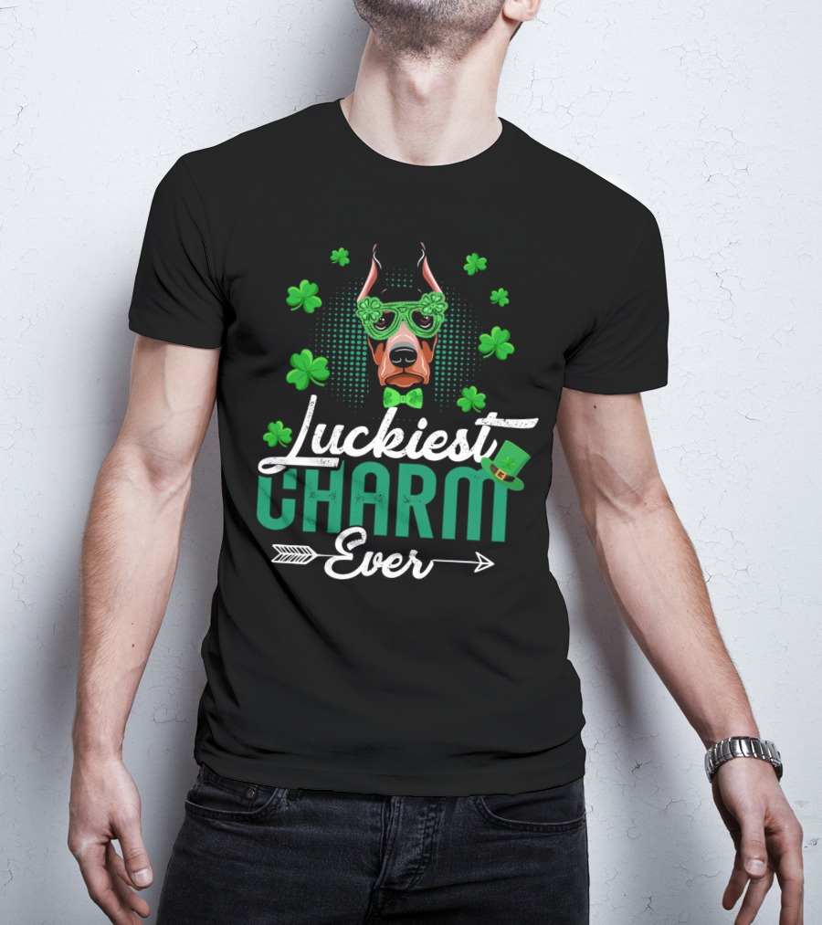 Luckiest Charm Ever Doberman Patrick's Day Shamrock Glasses T-Shirt