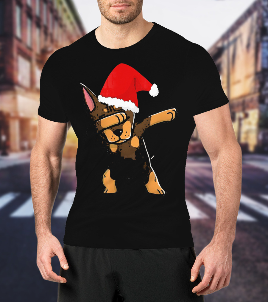 Doberman Pinscher Dabbing Santa Hat Christmas T-Shirt