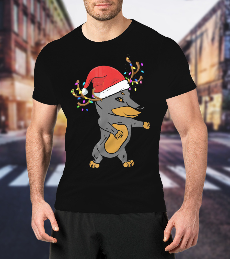 Christmas Doberman Santa Hat Reindeer Antlers Lights Dog Lovers T-Shirt