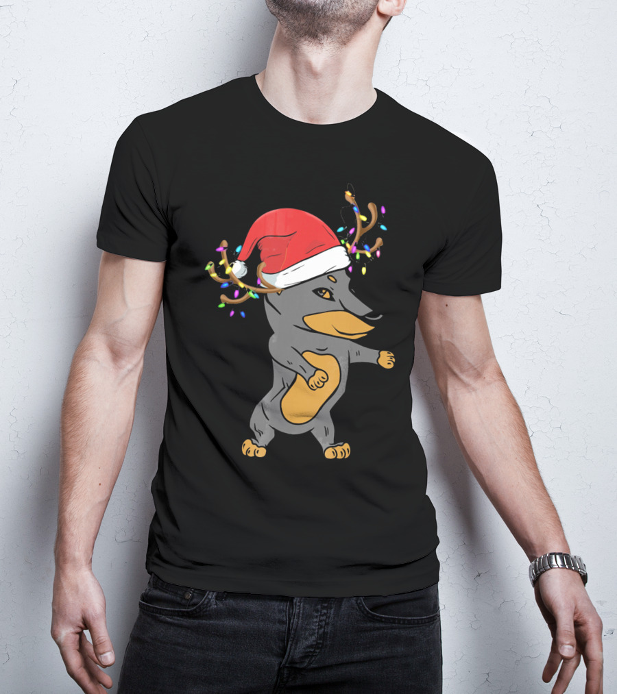 Christmas Doberman Santa Hat Reindeer Antlers Lights Dog Lovers T-Shirt