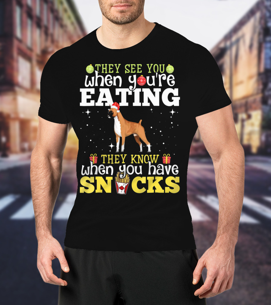 They See You When You're Eating They Know When You Have Snacks Boxer Dog Christmas T-Shirt