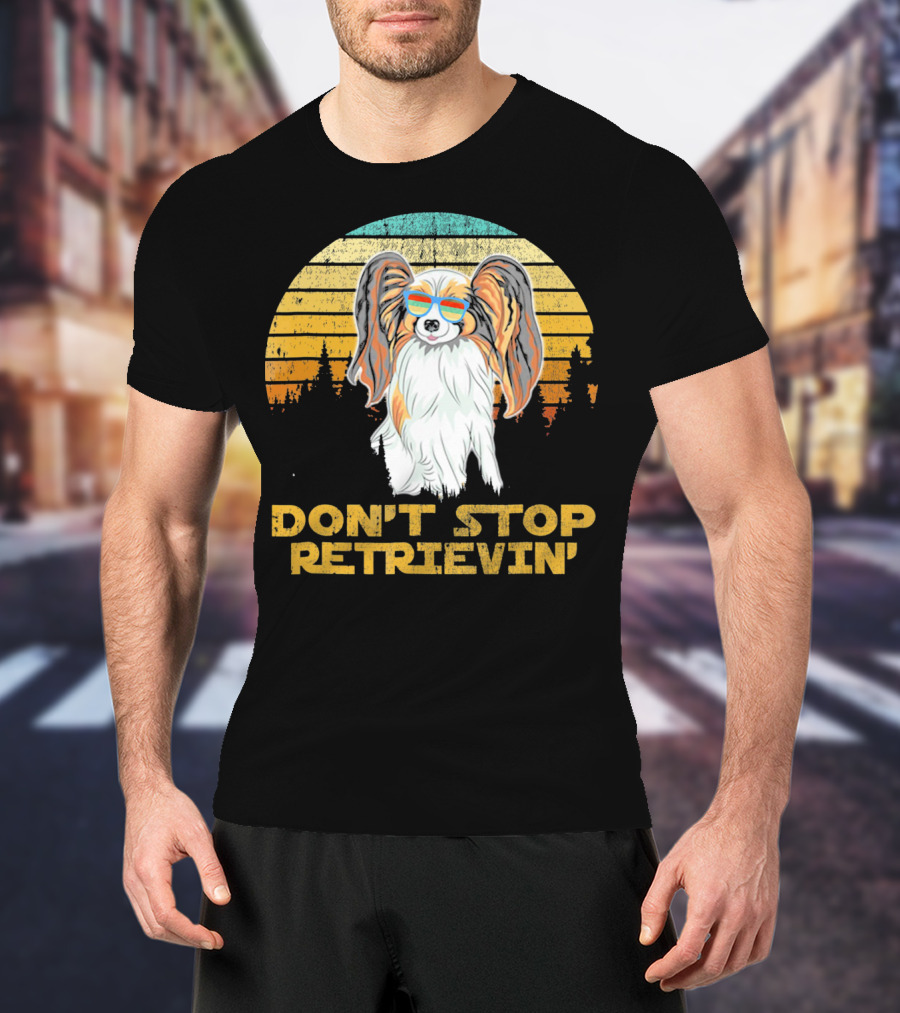 Don't Stop Retrievin' Papillon Sunglasses Retro Sunset T-Shirt