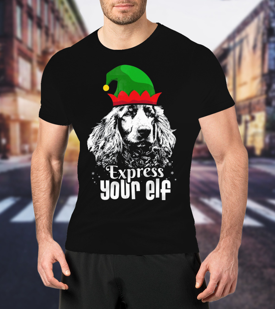Express Your Elf English Cocker Spaniel Christmas Dog Wearing Green And Red Elf Hat T-Shirt