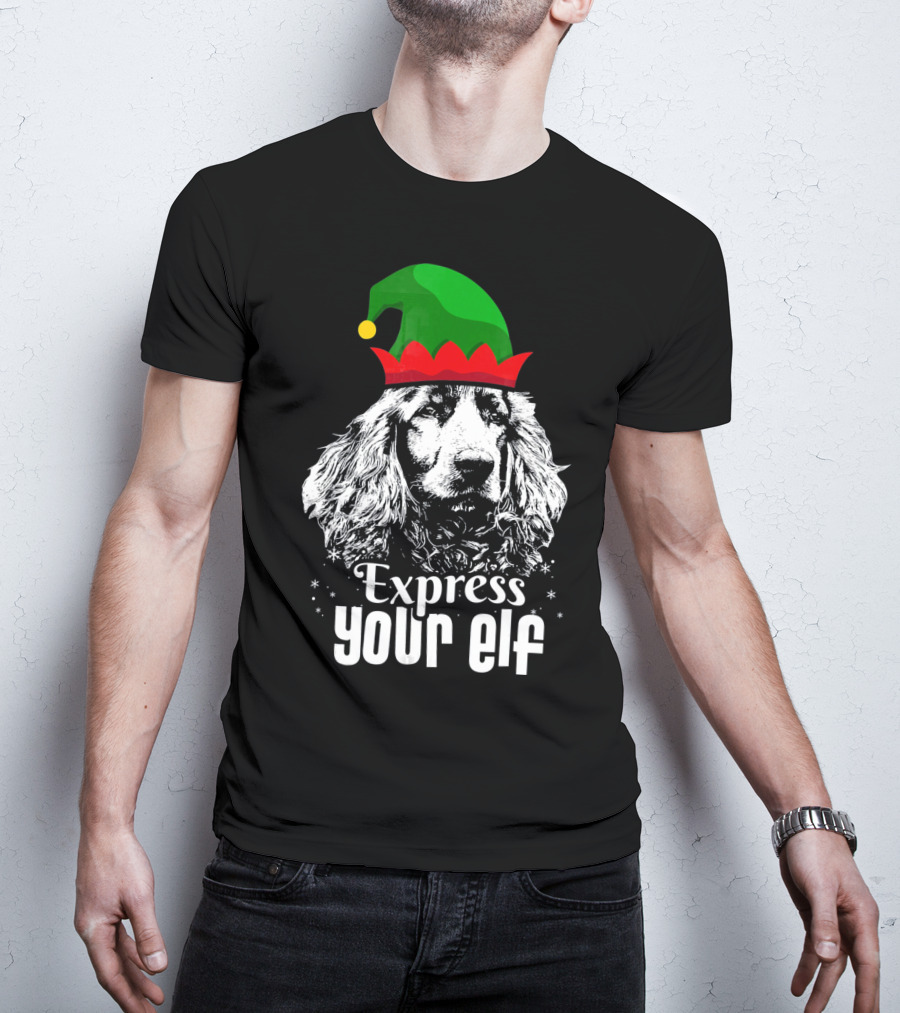 Express Your Elf English Cocker Spaniel Christmas Dog Wearing Green And Red Elf Hat T-Shirt