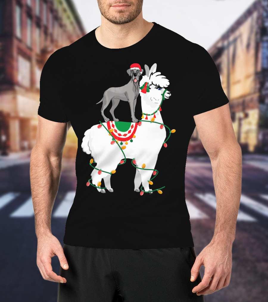 Fa La LLAMA Great Dane With Santa Hat On Llama Christmas Lights T-Shirt